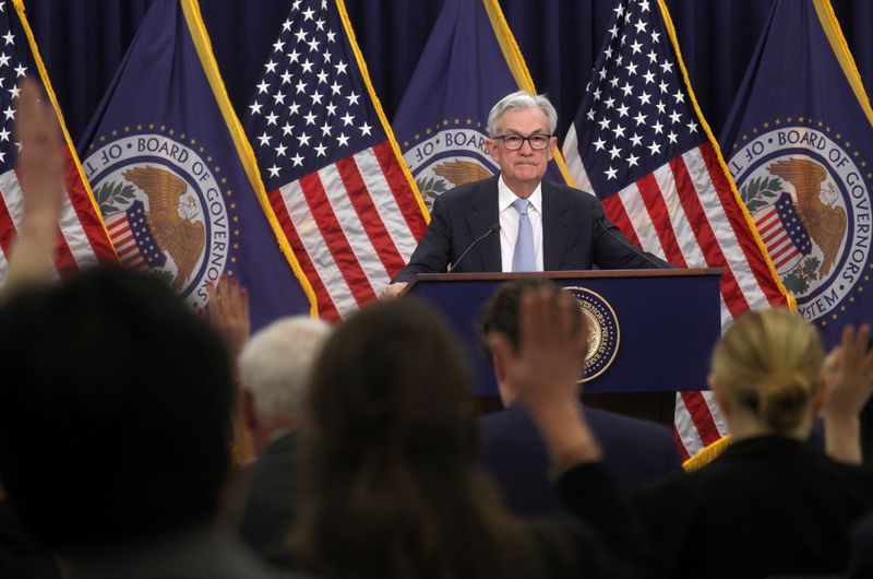 &copy; Reuters. Federal Reserve Board Chair Jerome Powell takes questions from the news media while holding a news conference after the Fed raised interest rates by a quarter of a percentage point following a two-day meeting of the Federal Open Market Committee (FOMC) on