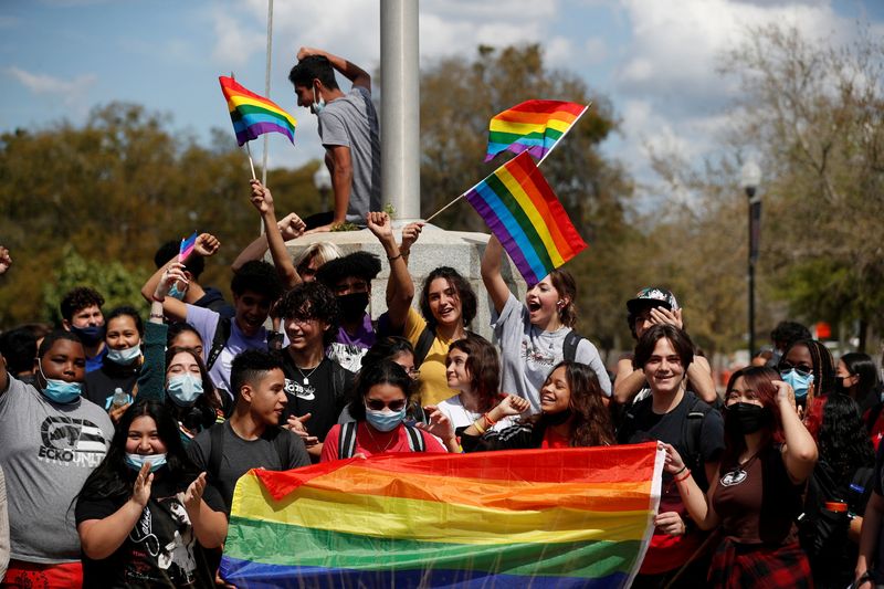 &copy; Reuters. FILE PHOTO: Hillsborough High School students protest a Republican-backed bill dubbed the "Don't Say Gay" that would prohibit classroom discussion of sexual orientation and gender identity, a measure Democrats denounced as being anti-LGBTQ, in Tampa, Flor