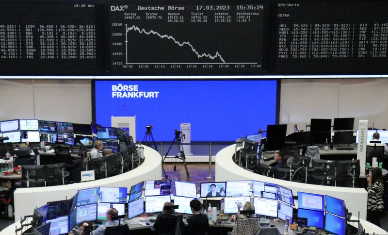 &copy; Reuters. FILE PHOTO: The German share price index DAX graph is pictured at the Frankfurt stock exchange after risks have climbed to multi-month highs in recent days as concerns over contagion from the collapse of Silicon Valley Bank and instability at European ban