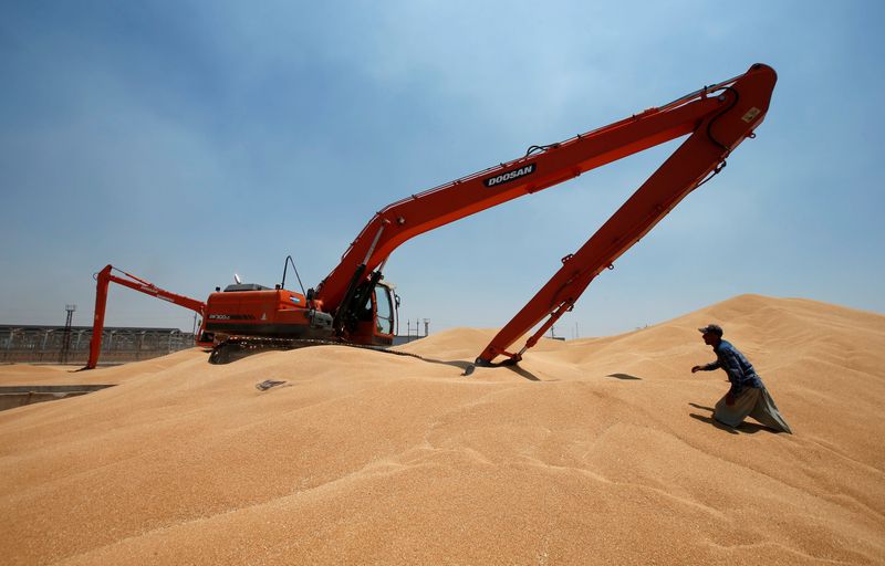 &copy; Reuters. عامل يساعد حفارا في جمع حبوب القمح داخل صومعة في مدينة الموصل العراقية بصورة من أرشيف رويترز . 