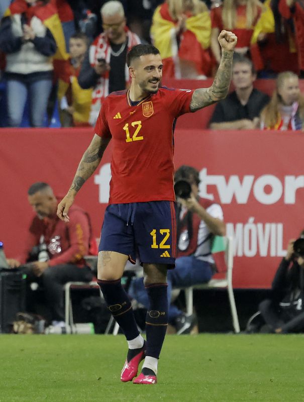 &copy; Reuters. الإسباني خوسيلو لاعب إسبانيا يحتفل بإحراز هدف خلال مباراة لفريقه أمام النرويج في مباراة ودية لتصفيات بطولة أوروبا 2024 يوم السبت. تصوير: جون ن