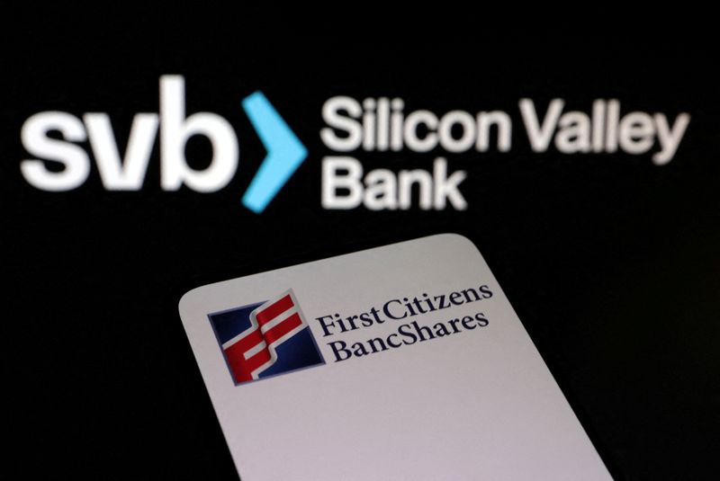 © Reuters. FILE PHOTO: First Citizens BancShares and SVB (Silicon Valley Bank) logos are seen in this illustration taken March 19, 2023. REUTERS/Dado Ruvic/Illustration/File Photo