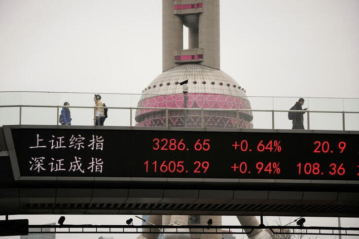 &copy; Reuters. Imagen de archivo de una pantalla electrónica mostrando cotizaciones de los índices de Shanghái y Shenzhen en el distrito financiero de Lujiazui, en Shanghái, China.