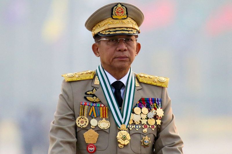 &copy; Reuters. FILE PHOTO: Myanmar's junta chief Senior General Min Aung Hlaing, who ousted the elected government in a coup on February 1, presides at an army parade on Armed Forces Day in Naypyitaw, Myanmar, March 27, 2021. REUTERS/Stringer/File Photo/File Photo