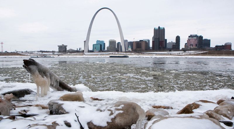 © Reuters. FILE PHOTO: The Gateway Arch is seen across from snow covered banks of the Mississippi River during cold weather in St Louis, Missouri, U.S. February 11, 2021.  REUTERS/Lawrence Bryant