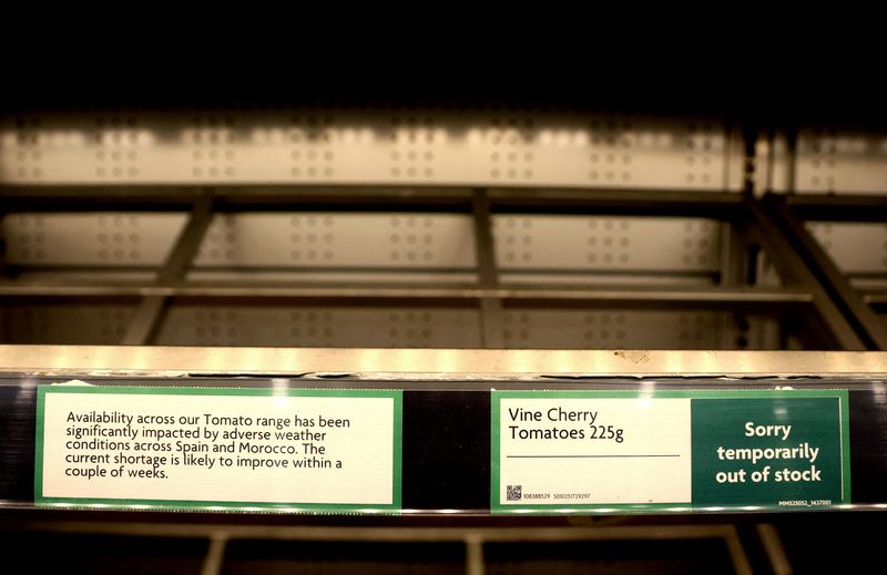 &copy; Reuters. FILE PHOTO: Empty shelves of vegetables are seen in Morrisons, Newcastle-under-Lyme, Staffordshire, Britain, February 27, 2023. REUTERS/Carl Recine