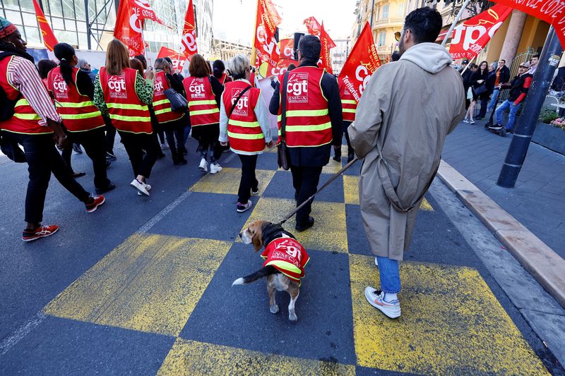 &copy; Reuters. A protester walks his dog wearing a CGT labour union vest during a demonstration as part of the tenth day of nationwide strikes and protests against French government's pension reform in Nice, France, March 28, 2023. REUTERS/Eric Gaillard