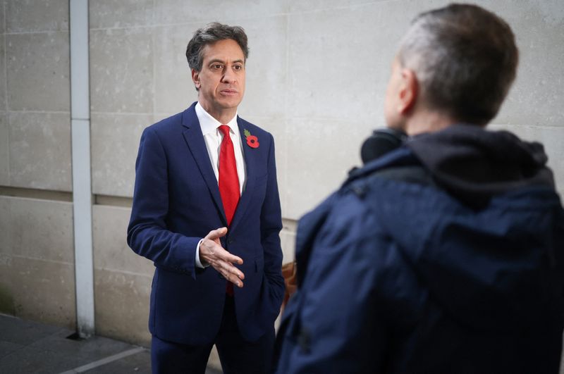 &copy; Reuters. British Labour Party Shadow Secretary of State for Climate Change and Net Zero Ed Miliband talks to a television crew outside the BBC headquarters after appearing on the Laura Kuenssberg show in London, Britain, November 6, 2022. REUTERS/Henry Nicholls