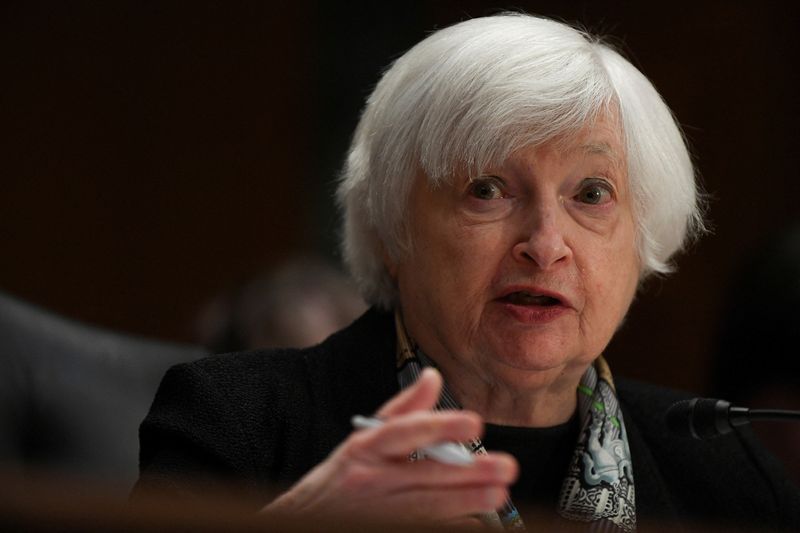 © Reuters. FILE PHOTO: U.S. Treasury Secretary Janet Yellen takes questions on the Biden administration's plans following the collapse of three U.S. lenders including Silicon Valley Bank and Signature Bank, as she testifies before a Senate Finance Committee hearing on U.S. President Joe Biden's proposed budget request for fiscal year 2024, on Capitol Hill in Washington, U.S., March 16, 2023. REUTERS/Mary F. Calvert/File Photo