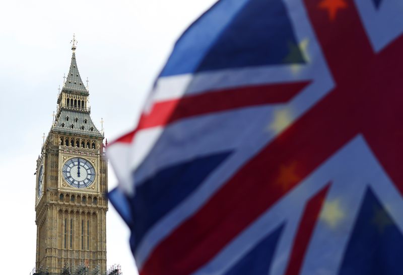 &copy; Reuters. FILE PHOTO: The European Union and Union Jack flags are flown outside the Houses of Parliament, in London, Britain February 9, 2022. REUTERS/Tom Nicholson