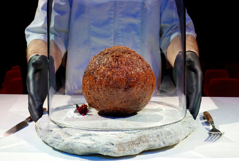 &copy; Reuters. كرة ضخمة من اللحم المستنبت باستخدام الحمض النووي (دي.إن.إيه) لحيوان الماموث الصوفي المنقرض تعرض في متحف نيمو للعلوم في أمستردام يوم الثلاثاء