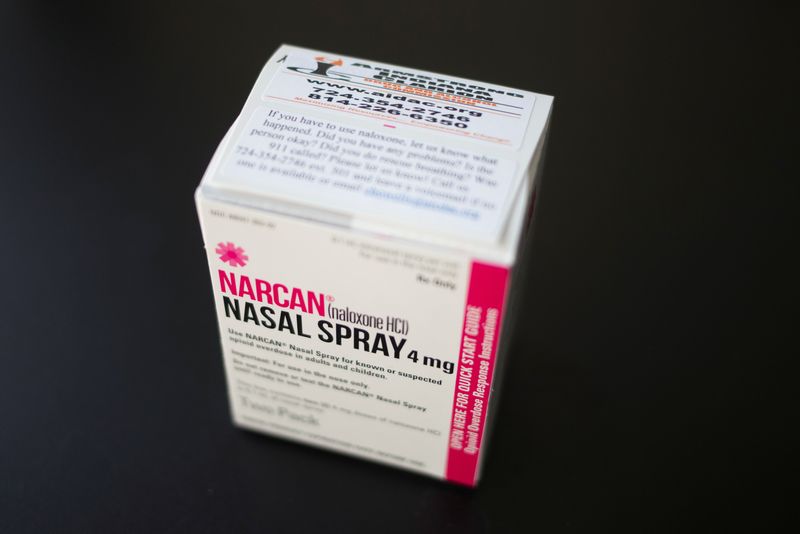 &copy; Reuters. FILE PHOTO: A box of NARCAN nasal spray is photographed at an outpatient treatment center in Indiana, Pennsylvania, U.S. on August 9, 2017.  Picture taken on August 9, 2017. REUTERS/Adrees Latif