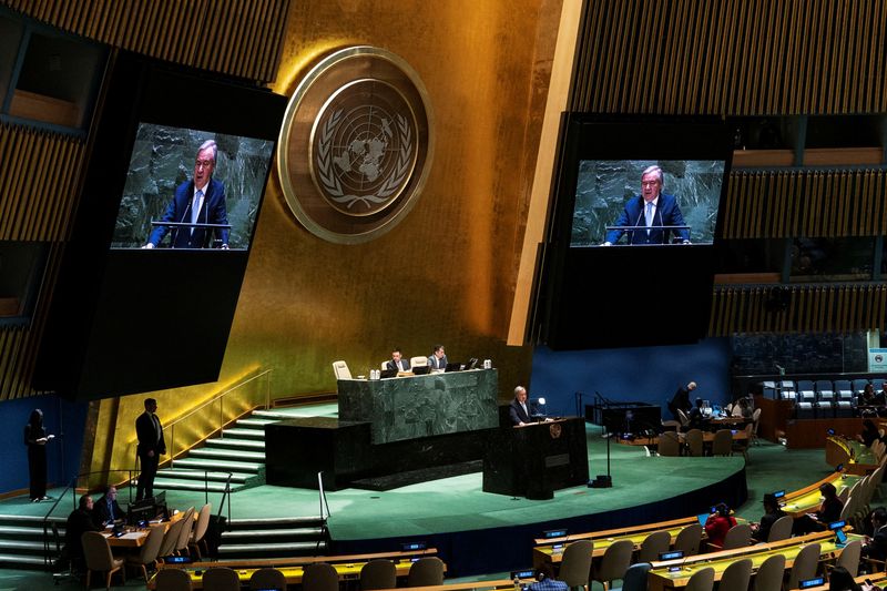 &copy; Reuters. U.N. Secretary-General Antonio Guterres addresses to delegates during a general assembly to vote on whether to ask top global court to issue opinion on climate responsibility at United Nations Headquarters in New York City, U.S., March 29, 2023. REUTERS/E