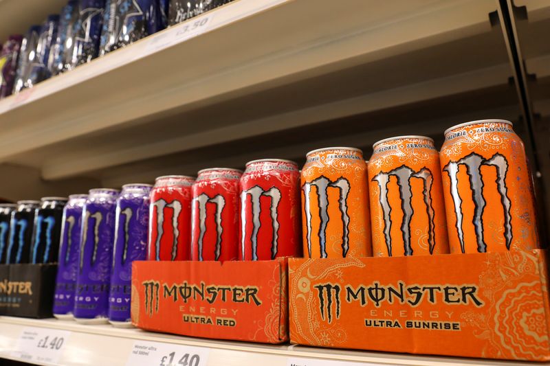 &copy; Reuters. FILE PHOTO: Cans of Monster energy drinks sit on display at a Sainsbury's store in London, Britain, August 30, 2018. REUTERS/Simon Dawson