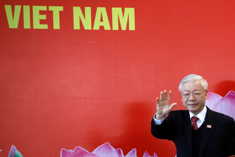 &copy; Reuters. Vietnam's President Nguyen Phu Trong greets media at a news conferance after he is re-elected as Communist Party's General Secretary for the 3rd term after the closing ceremony of 13th national congress of the ruling communist party in Hanoi, Vietnam Febr