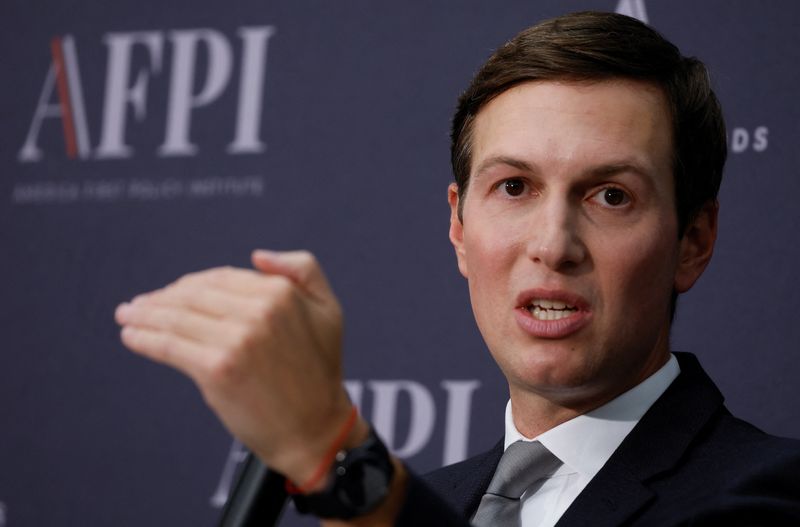 &copy; Reuters. FILE PHOTO: Jared Kushner, former senior advisor to the president during the administration of his father-in-law, former President Donald Trump, speaks about the Abraham Accords during an event at the Trump affiliated America First Policy Institute in Was