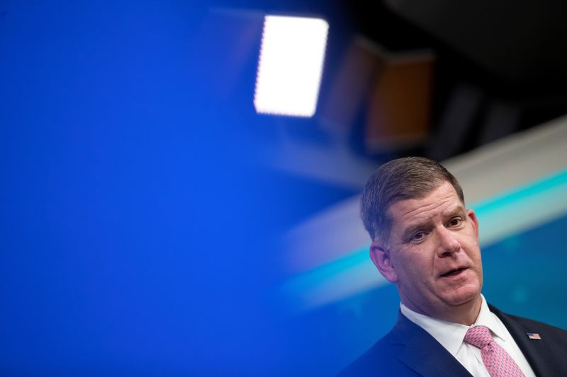 &copy; Reuters. FILE PHOTO: U.S. Labor Secretary Marty Walsh delivers remarks and meets with members of the Women's National Soccer Team as U.S. Vice President Harris hosts "Equal Pay Day Summit" at the White House in Washington, U.S., March 15, 2022. REUTERS/Tom Brenner