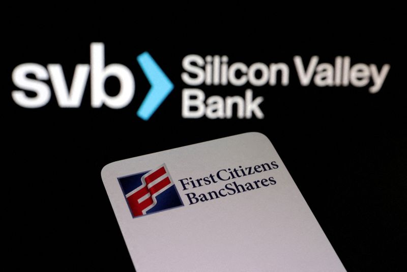 &copy; Reuters. FILE PHOTO: First Citizens BancShares and SVB (Silicon Valley Bank) logos are seen in this illustration taken March 19, 2023. REUTERS/Dado Ruvic/Illustration