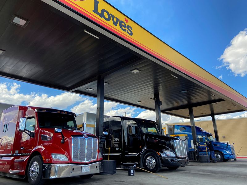 &copy; Reuters. FILE PHOTO: Trucks get refueled at a rest stop providing essential food and hygiene services to truckers who continue to work amid the coronavirus disease (COVID-19) outbreak, in Las Vegas, New Mexico, U.S. March 23, 2020. Picture taken March 23, 2020.  R