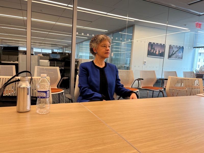 © Reuters. FILE PHOTO: Boston Federal Reserve President Susan Collins speaks during an interview with Reuters in Washington, U.S, March 31, 2023. REUTERS/Michael S. Derby/File Photo