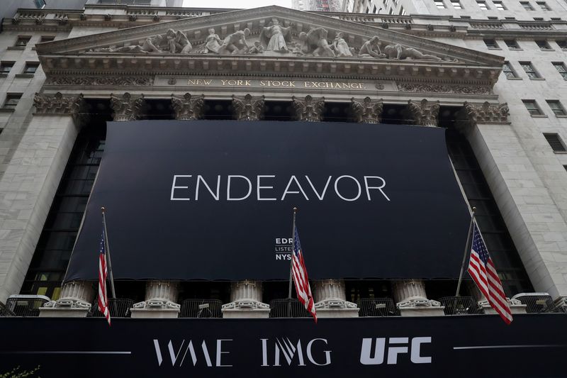 &copy; Reuters. FILE PHOTO: The Endeavor Group Holdings Inc. (EDR) logo hangs from the New York Stock Exchange on the morning of its public listing at the NYSE in New York City, U.S., April 29, 2021. REUTERS/Shannon Stapleton