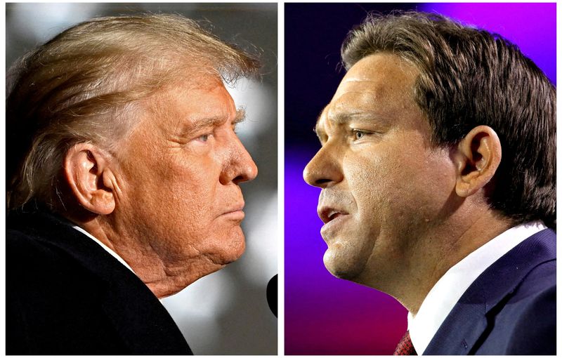 © Reuters. FILE PHOTO: Former U.S. President Donald Trump and Florida Governor Ron DeSantis speak at midterm election rallies, in Dayton, Ohio, U.S. November 7, 2022 and Tampa, Florida, U.S., November 8, 2022 in a combination of file photos.  REUTERS/Gaelen Morse, Marco Bello/File Photo