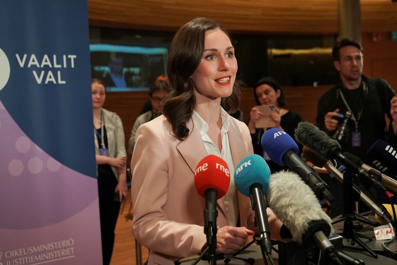 &copy; Reuters. Finland's Prime Minister and Social Democrats leader Sanna Marin speaks during a news conference at the parliament on the day of the parliamentary elections, in Helsinki, Finland April 2, 2023.  REUTERS/Essi Lehto