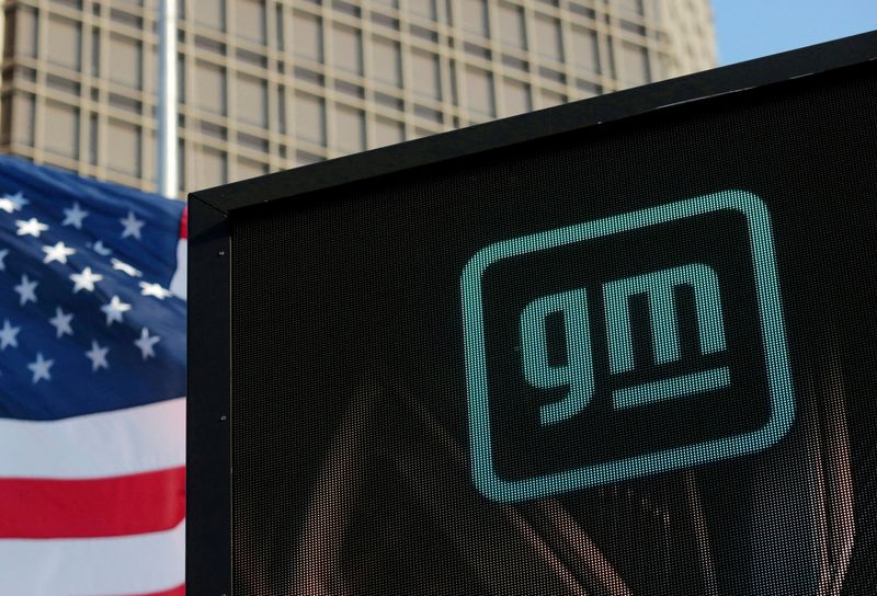 &copy; Reuters. FILE PHOTO: The new GM logo is seen on the facade of the General Motors headquarters in Detroit, Michigan, U.S., March 16, 2021. Picture taken March 16, 2021.  REUTERS/Rebecca Cook/File Photo