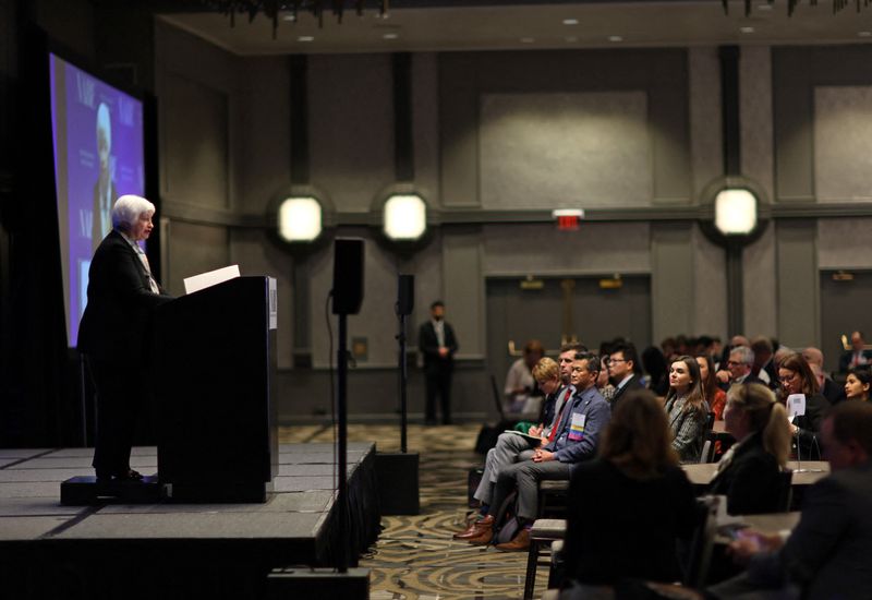 &copy; Reuters. FILE PHOTO: U.S. Treasury Secretary Janet Yellen delivers remarks after receiving the Paul A. Volcker Award at the National Association for Business Economics 39th Annual Economic Policy Conference in Washington, U.S., March 30, 2023. REUTERS/Leah Millis