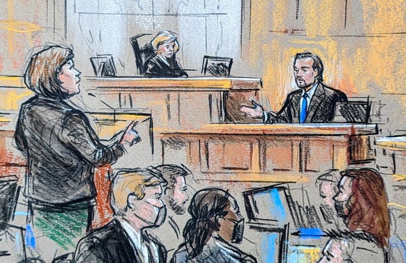 &copy; Reuters. رسم توضيحي قدمته محكمة أمريكية بواشنطن يظهر الممثل الأمريكي ليوناردو دي كابريو أثناء إدلائه بشهادته أمام هيئة محلفين يوم الاثنين أثناء محا