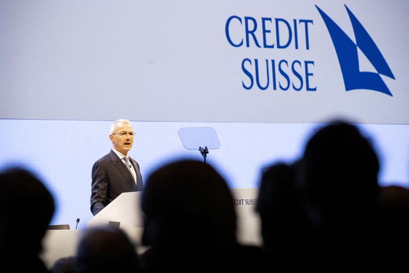 © Reuters. Chairman of Credit Suisse, Axel Lehmann speaks during Credit Suisse Annual General Meeting, two weeks after being bought by rival UBS in a government-brokered rescue, at Hallenstadion, in Zurich, Switzerland, April 4, 2023. REUTERS/Pierre Albouy