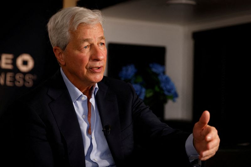 &copy; Reuters. FILE PHOTO: Jamie Dimon, chairman of the board and chief executive officer of JPMorgan Chase & Co., gestures as he speaks during an interview with Reuters in Miami, Florida, U.S., February 8, 2023. REUTERS/Marco Bello/File Photo