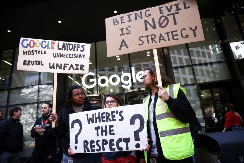 © Reuters. Google worker Shaquille and others hold signs, including a reference to the company's 