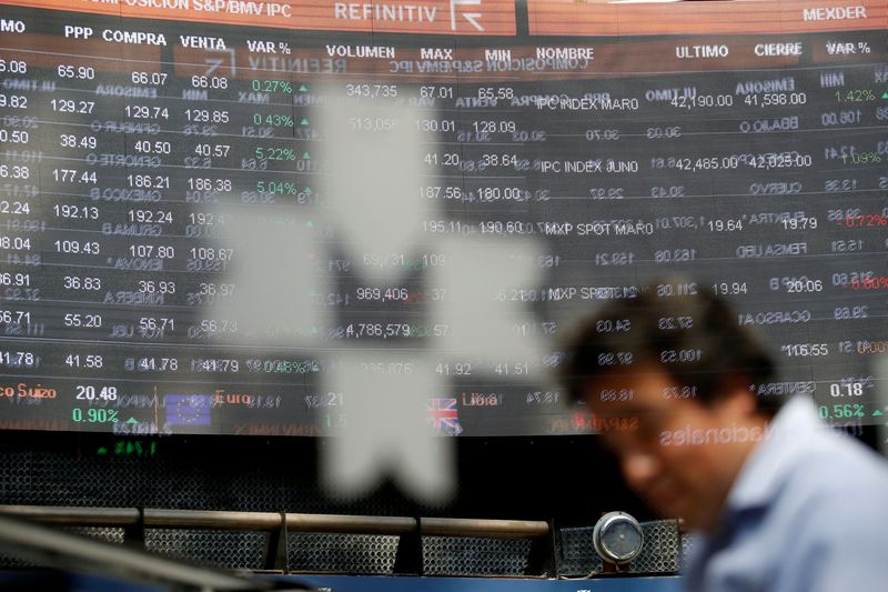 &copy; Reuters. FILE PHOTO: An employee is pictured behind the logo of the Mexican stock exchange at the stock exchange in Mexico City, Mexico, March 2, 2020. REUTERS/Gustavo Graf/File Photo
