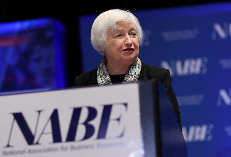 &copy; Reuters. FILE PHOTO: U.S. Treasury Secretary Janet Yellen delivers remarks at the National Association for Business Economics 39th Annual Economic Policy Conference in Washington, U.S., March 30, 2023. REUTERS/Leah Millis