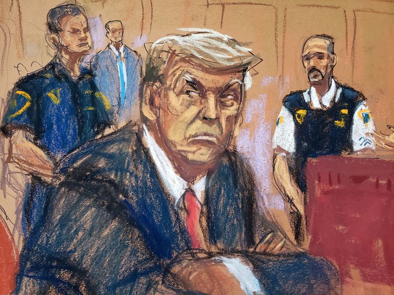 &copy; Reuters. Former U.S. President Donald Trump appears in court for an arraignment on charges stemming from his indictment by a Manhattan grand jury following a probe into hush money paid to porn star Stormy Daniels, in New York City, U.S., April 4, 2023, in this cou