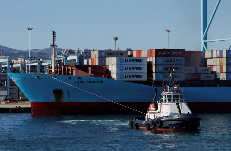 &copy; Reuters. FILE PHOTO: Containers are seen on the Maersk's container ship Luna Maersk at the APM Terminals in the port of Algeciras, Spain January 19, 2023. REUTERS/Jon Nazca