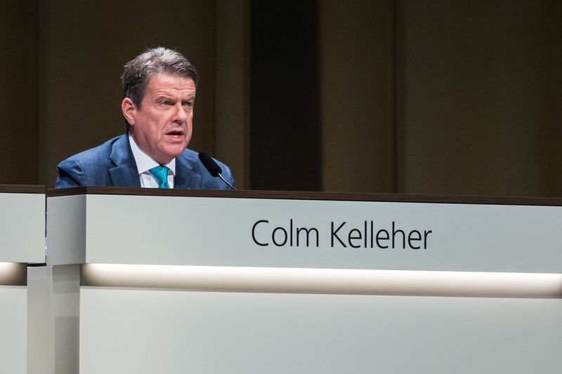 © Reuters. UBS Chairman Colm Kelleher speaks during the Annual General Meeting, two weeks after buying rival Swiss bank Credit Suisse, in Basel, Switzerland, April 5, 2023. REUTERS/Pierre Albouy