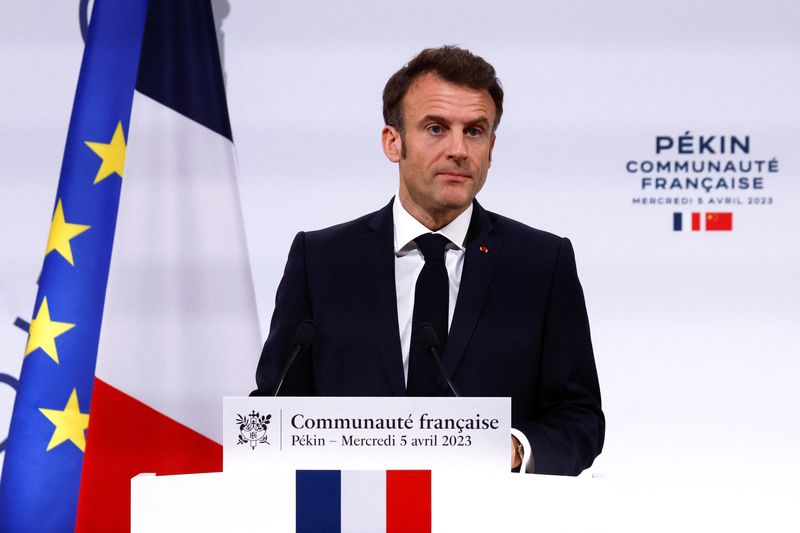 &copy; Reuters. Presidente da França, Emmanuel Macron, durante encontro com a comunidade francesa em Pequim
05/04/2023 REUTERS/Gonzalo Fuentes