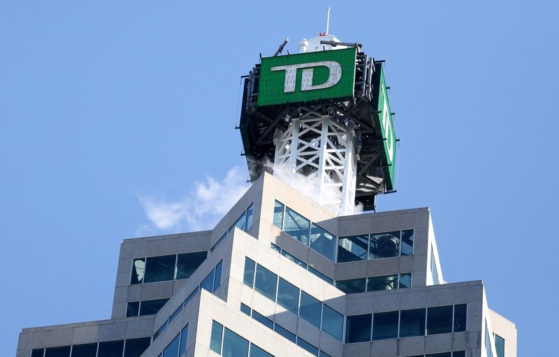 &copy; Reuters. FILE PHOTO: The TD bank logo is seen on top of the Toronto Dominion Canada Trust Tower in Toronto, Ontario, Canada March 16, 2017. Picture taken March 16, 2017. REUTERS/Chris Helgren