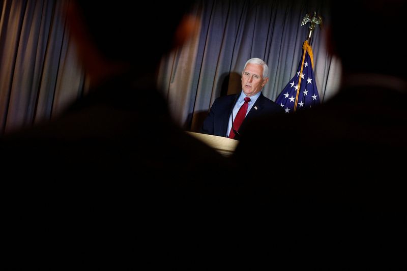 &copy; Reuters. Former U.S. Vice President Mike Pence delivers remarks, in part addressing his opposition to a grand jury subpoena for testimony about efforts to overturn then-President Donald Trump's 2020 reelection loss, to the Coolidge Presidential Foundation conferen