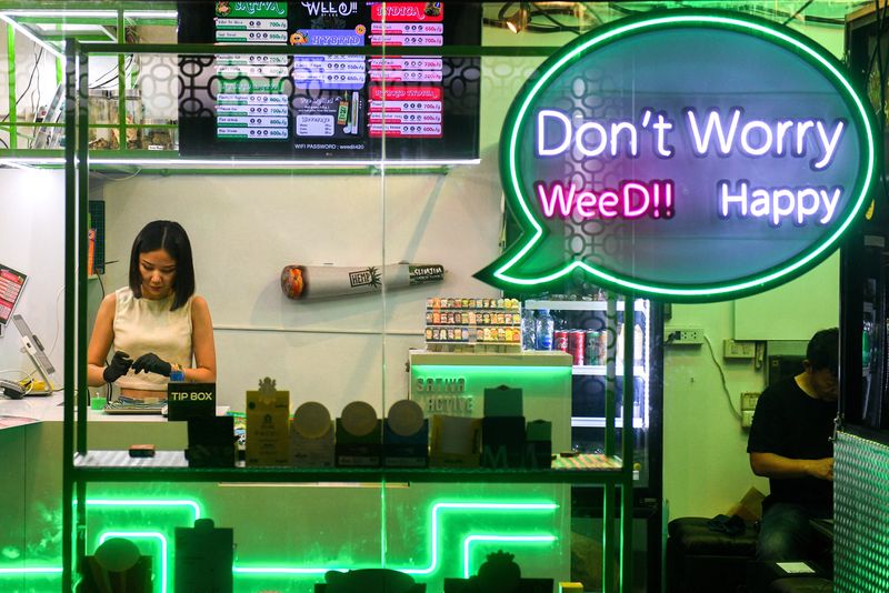 &copy; Reuters. A woman works inside a cannabis shop, at Khaosan Road, one of the favourite tourist spots in Bangkok, Thailand, March 29, 2023. REUTERS/Chalinee Thirasupa