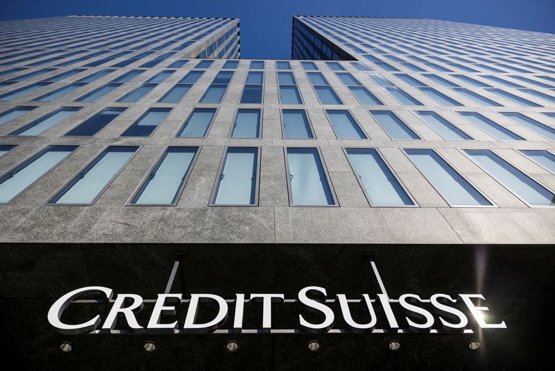&copy; Reuters. FILE PHOTO: The logo of Credit Suisse is pictured on a building near the Hallenstadion where took place the Annual General Meeting, two weeks after being bought by rival UBS in a government-brokered rescue, in Zurich, Switzerland, April 4, 2023. REUTERS/P