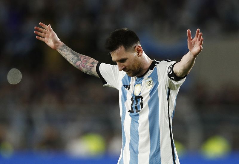 &copy; Reuters. Lionel Messi comemora gol marcado pela Argentina durante amistoso com o Panamá em Buenos Aires
23/03/2023 REUTERS/Agustin Marcarian