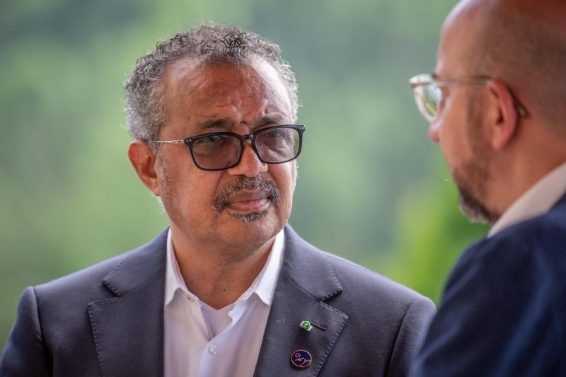 &copy; Reuters. FILE PHOTO: World Health Organization Director-General Tedros Adhanom Ghebreyesus looks on as he speaks with the President of the European Council Charles Michel during the G7 leaders summit at Bavaria's Schloss Elmau castle, near Garmisch-Partenkirchen, 