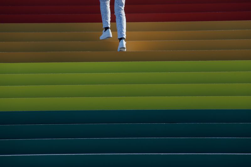 © Reuters. A person walks up a giant LGBTQ Pride Flag installed on the steps of Franklin D. Roosevelt Four Freedoms State Park to celebrate WorldPride in New York City, U.S., June 14, 2019. REUTERS/Andrew Kelly