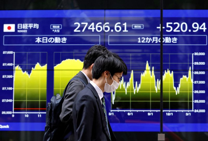 &copy; Reuters. FILE PHOTO: Passersby walk past an electric monitor displaying Japan's Nikkei share average and recent movements outside a bank in Tokyo, Japan, March 22, 2023. REUTERS/Issei Kato