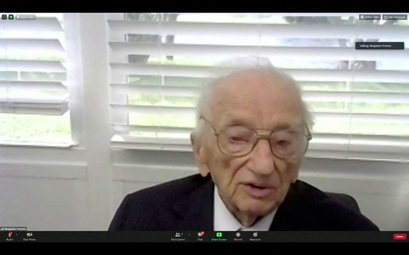 © Reuters. Benjamin Ferencz, former chief prosecutor in the Nuremberg trials, speaks during a video interview from his home in Delray Beach, Florida, U.S., November 18, 2020, in this still image obtained from a video. Reuters TV via REUTERS