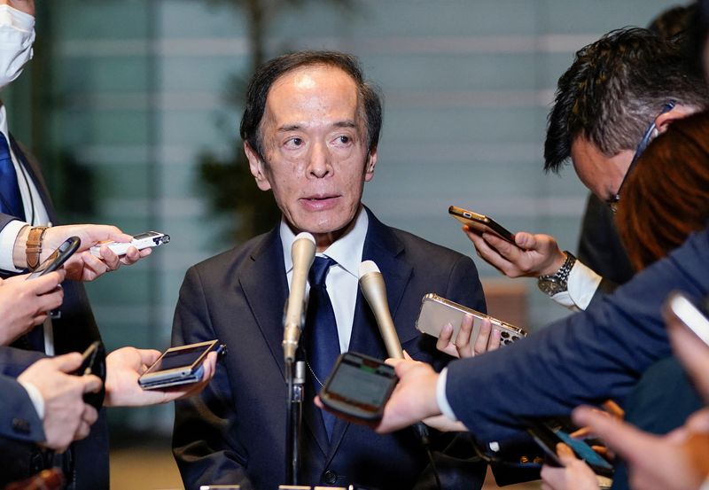 &copy; Reuters. New Governor of Bank of Japan Kazuo Ueda speaks to journalists after meeting Japanese Prime Minister Fumio Kishida at prime minister?s official residence in Tokyo, Japan, April 10, 2023.  Kimimasa Mayama/Pool via REUTERS