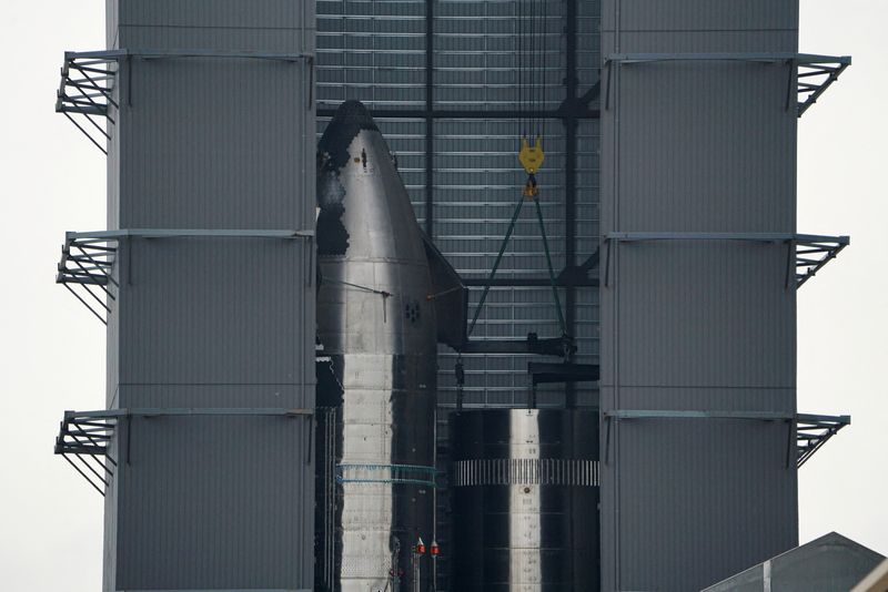 &copy; Reuters. FILE PHOTO: A Starship prototype being worked on is pictured at the SpaceX South Texas launch site in Brownsville, Texas, U.S., May 22, 2022. Picture taken May 22, 2022. REUTERS/Veronica G. Cardenas/File Photo